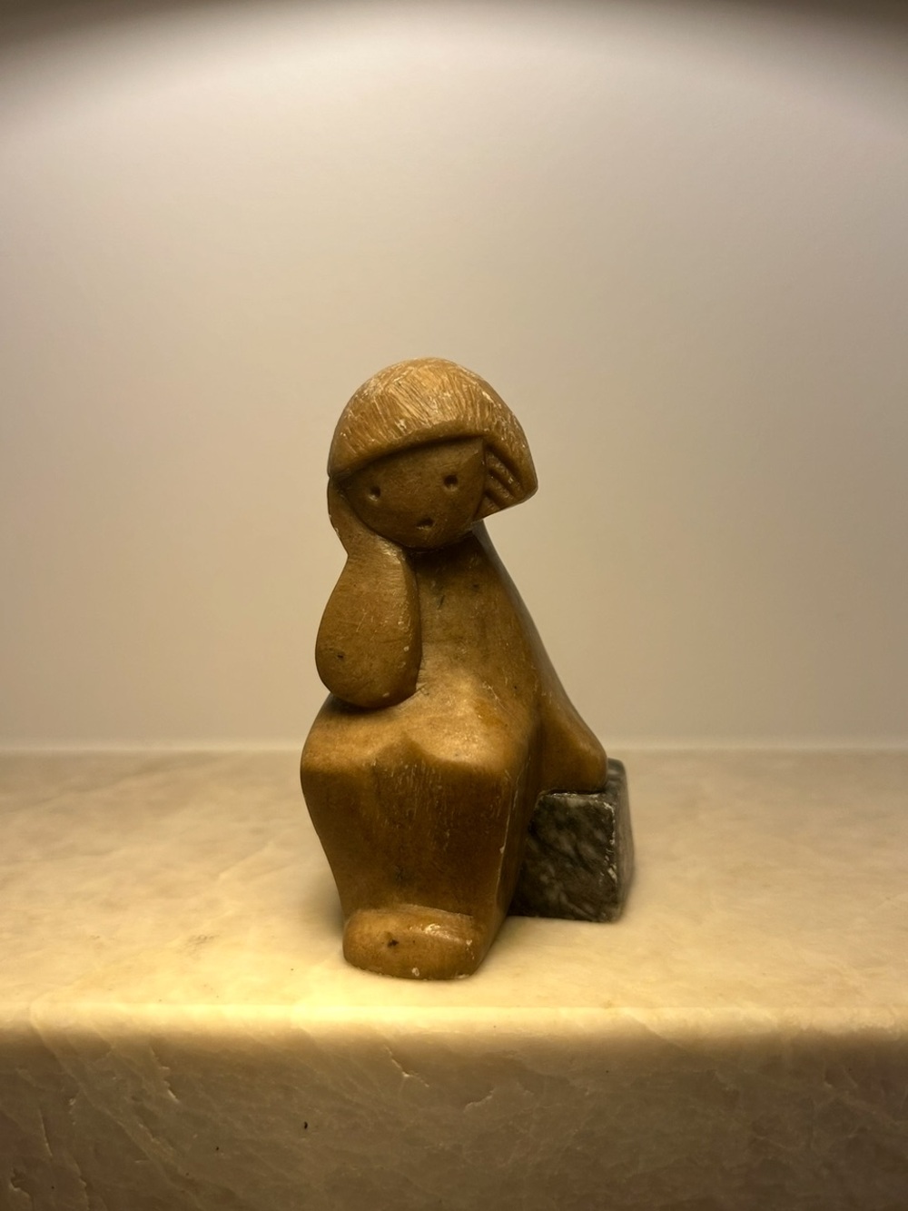 Vintage Hand-Carved Soapstone Seated Girl Figurine – Folk Art Sculpture
